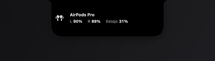 Card de conexão dos AirPods mostrando bateria por componente