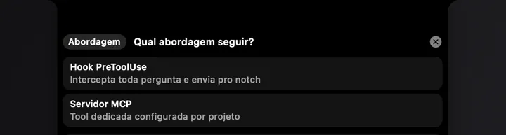 Card de pergunta interativa do Claude Code no notch, com opções de escolha