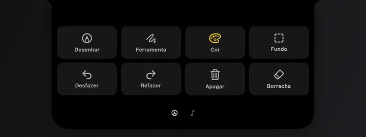 Seção Anotação no card do notch, com desenhar, ferramenta, cor, fundo, desfazer, refazer, apagar e borracha