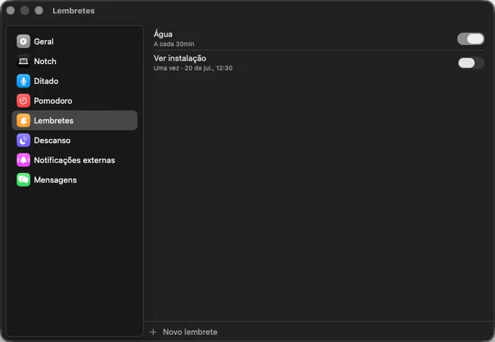 Painel de Ajustes de Lembretes com dois lembretes configurados
