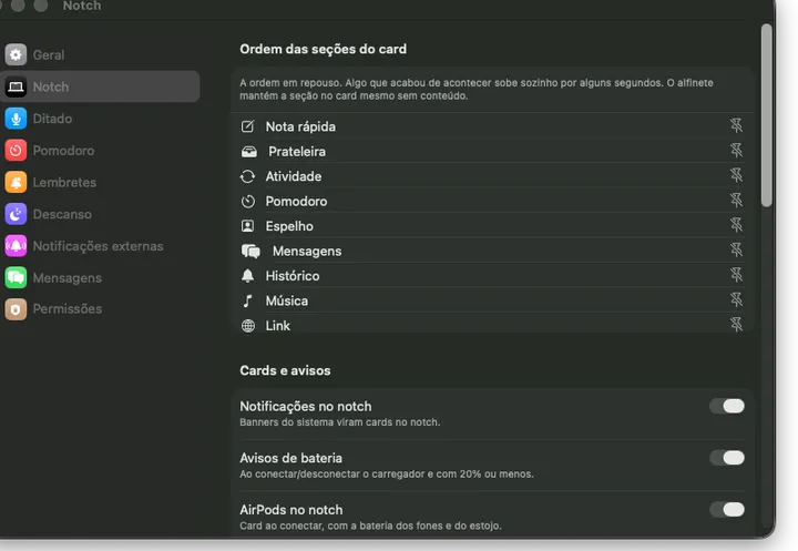 Painel Notch dos Ajustes com as opções de silenciar durante reuniões e chamadas