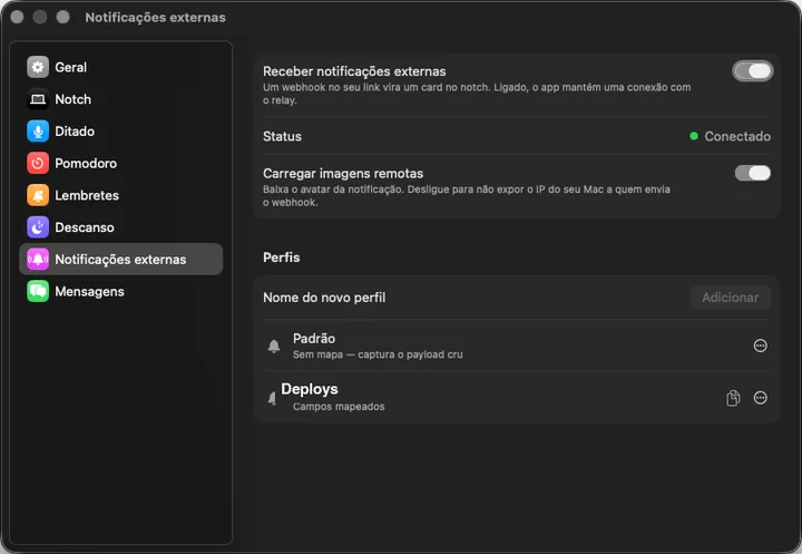 Painel de Ajustes de Notificações externas com perfis de webhook conectados